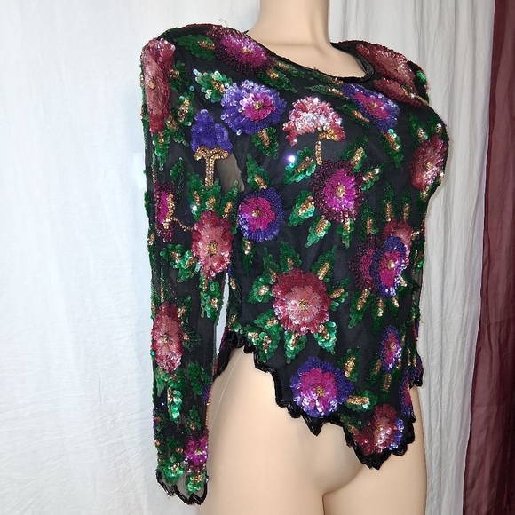 Vintage Larance Kyazer New York Multicolor Sequin Floral Blouse Size PXL - Picture 10 of 16
